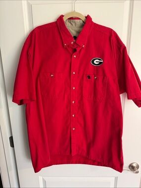 Men's Red Short-Sleeve Button-Down Shirt with Team G Patch